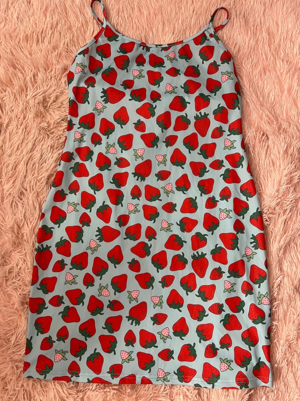 Strawberry Print Slip Dress - Red & Light Blue